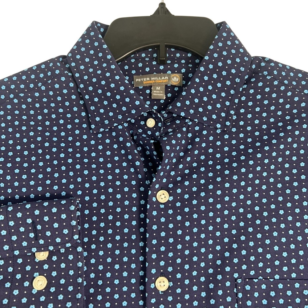 Peter Millar Shirt Mens M Blue Floral Polka Dot Summer Comfort Stretch Nylon